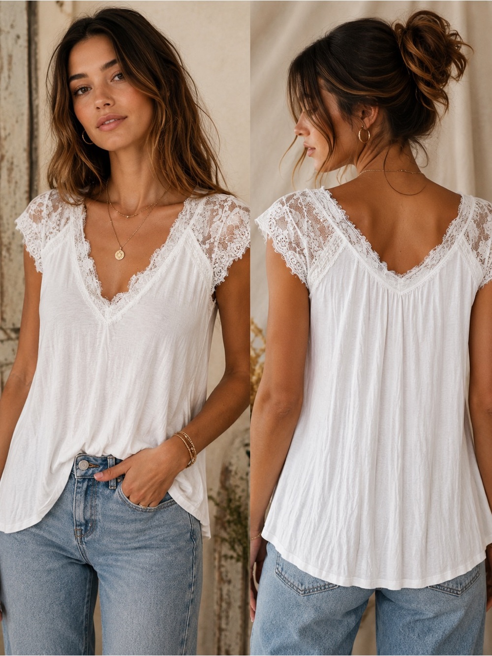 POL White Lace Cap-Sleeve V-Neck Top